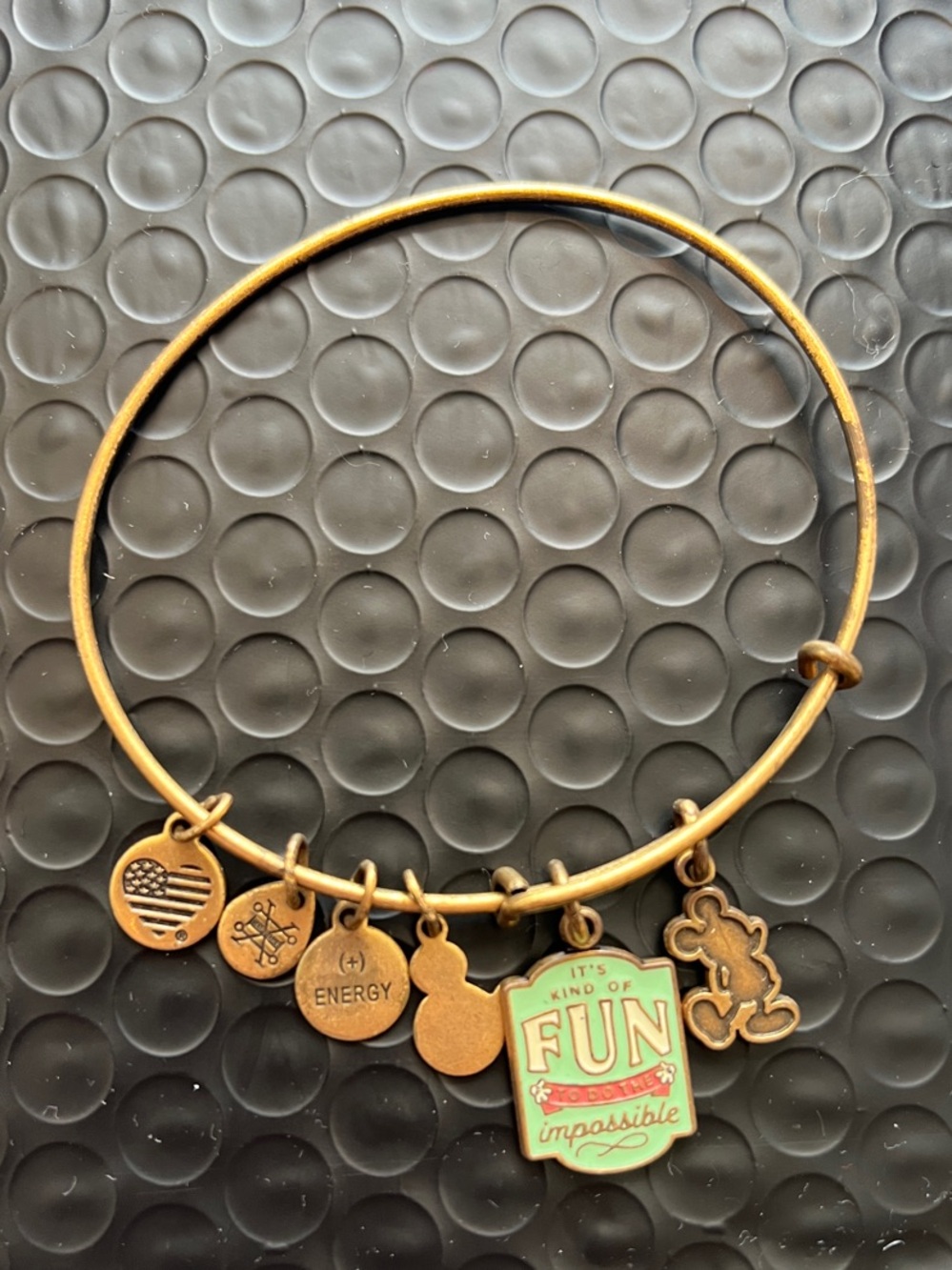 Disney Alex and Ani Bronze Tone Charm Bangle with Mint Green and Coral Accents